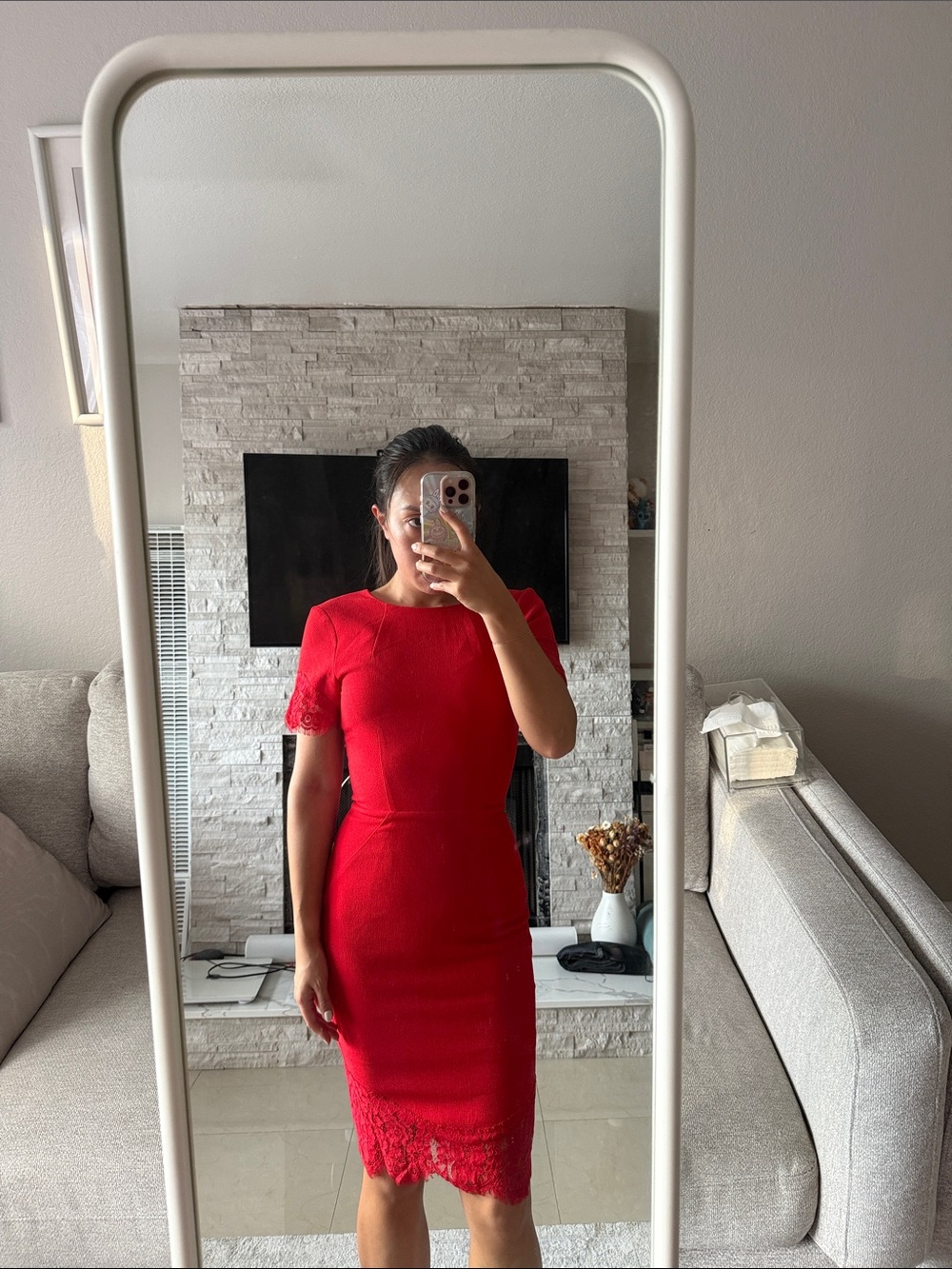 H&M Red Lace-Trim Midi Dress
